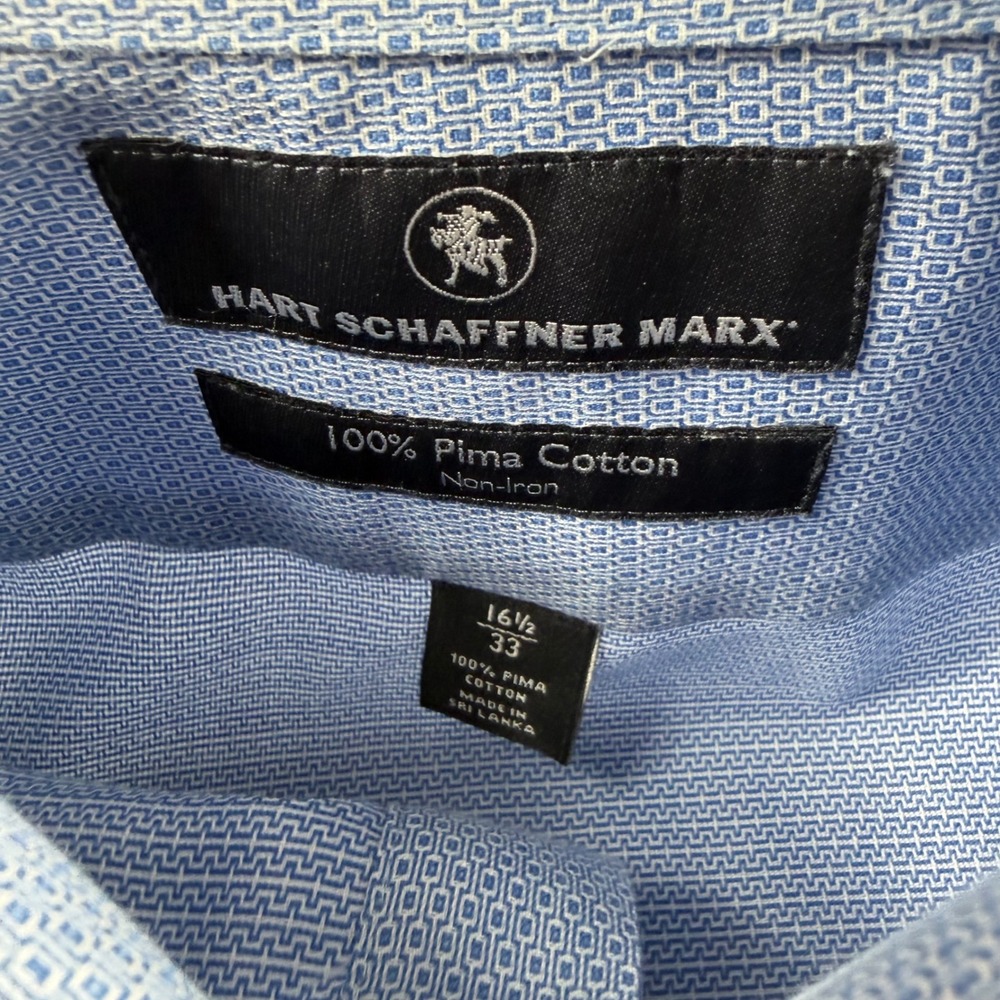 Hart Schaffner Marx Mens 16.5 33 Pima Cotton Non-Iron Blue Geometric Dress Shirt - Picture 4 of 11
